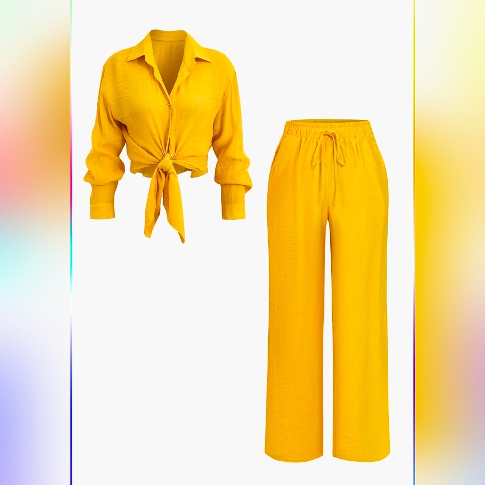 NWT SET! Micas Tie Front Shirt And Wide Leg Pants Set, Large
